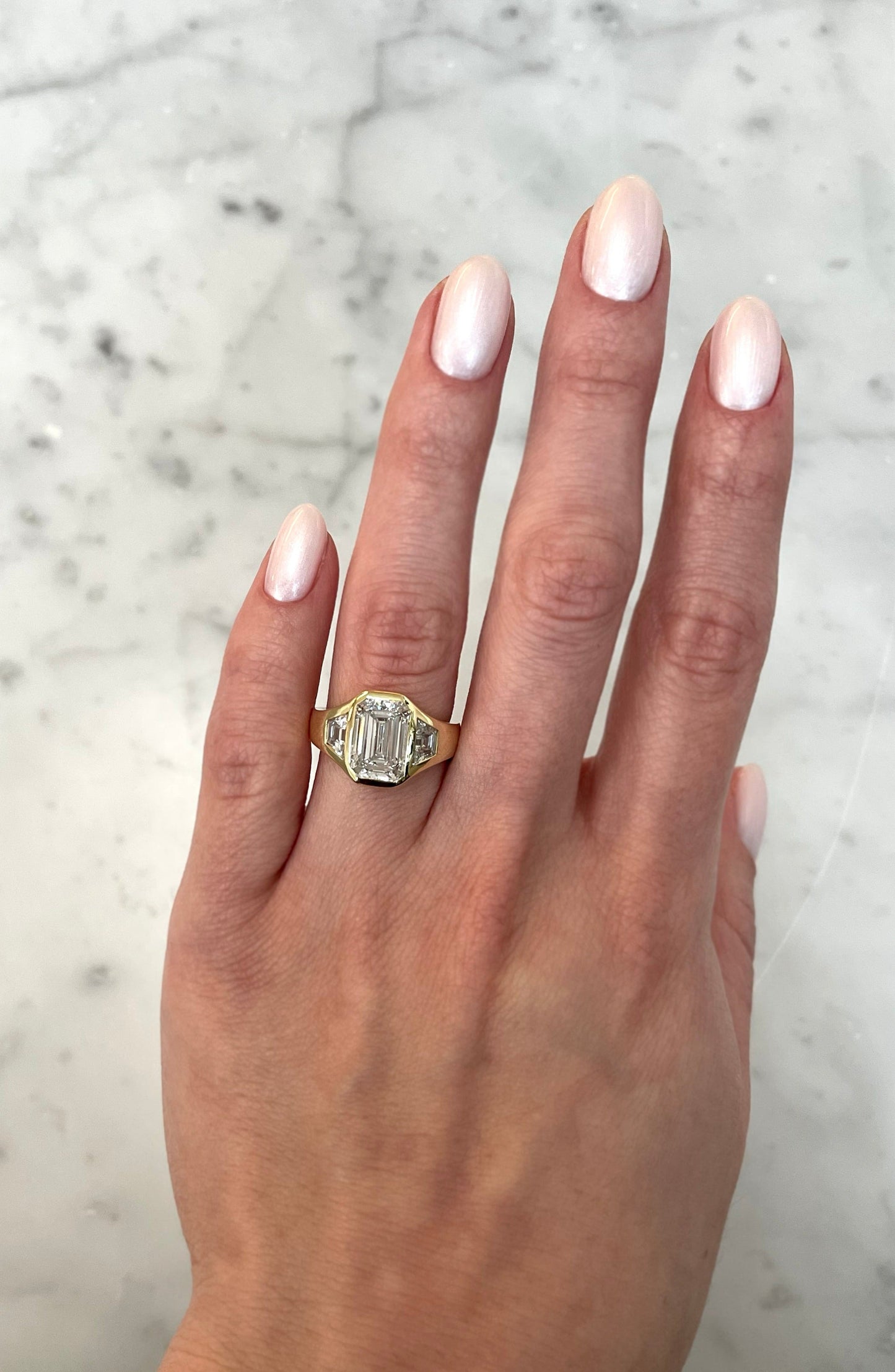 3.03 Emerald Lab Diamond in Trinity Bezel