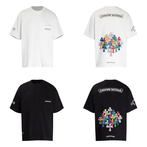 Chrome Heart T Shirts Colorful Cross Flower Arm Short Sleeve