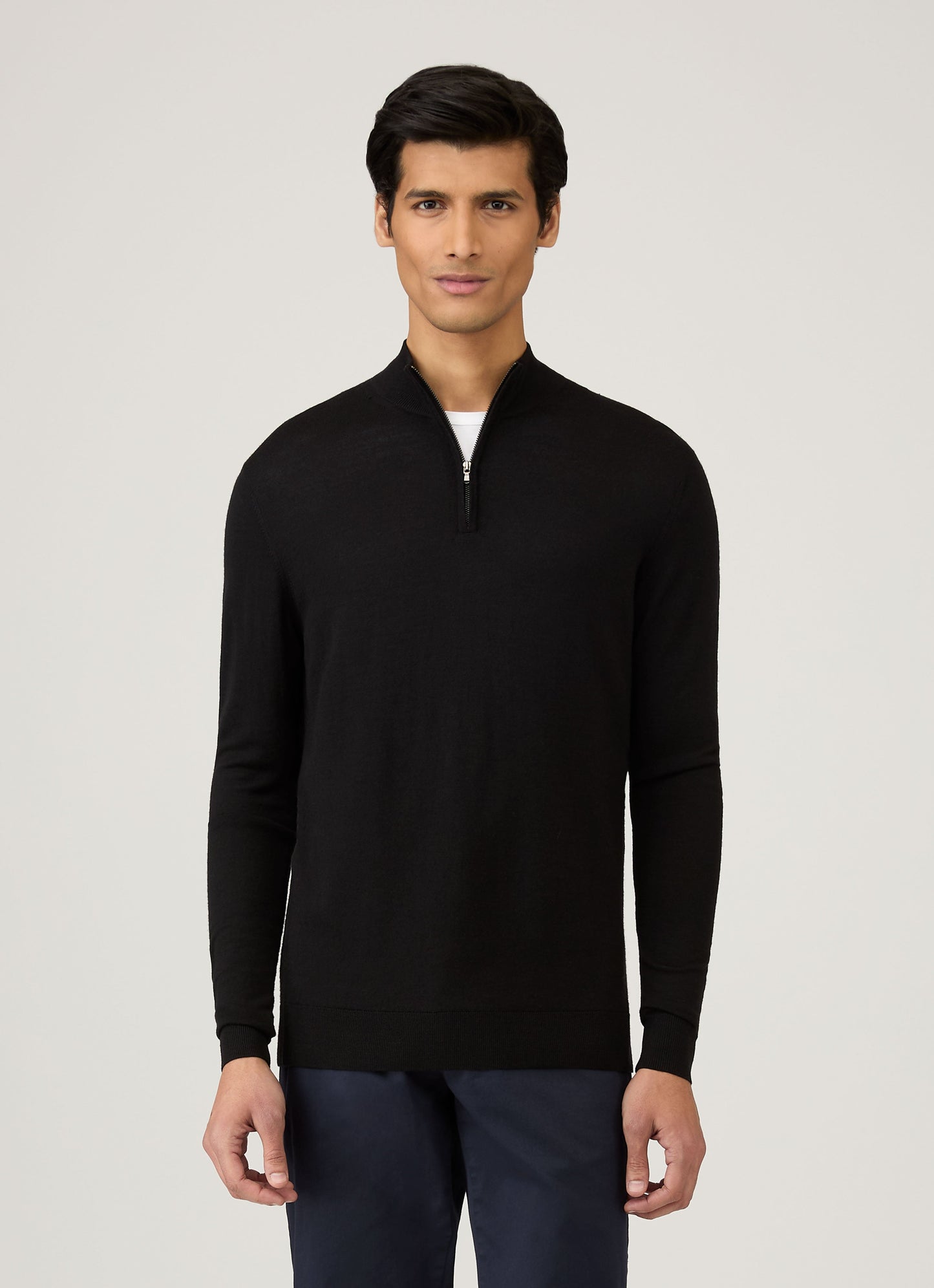 Mens Fine Merino Wool Zip Neck In Black