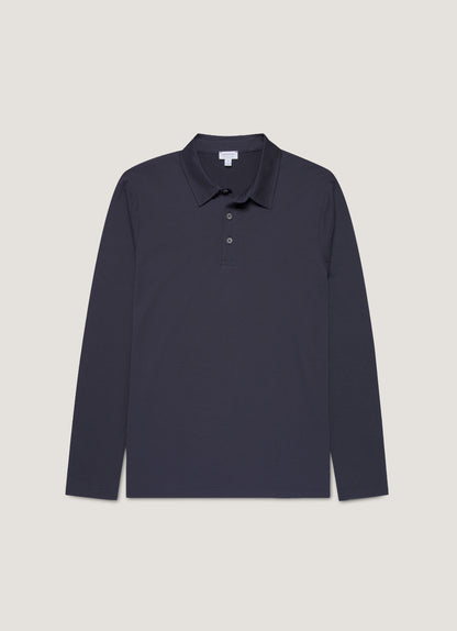 Mens Cotton Jersey Long Sleeve Polo Shirt In Navy 1