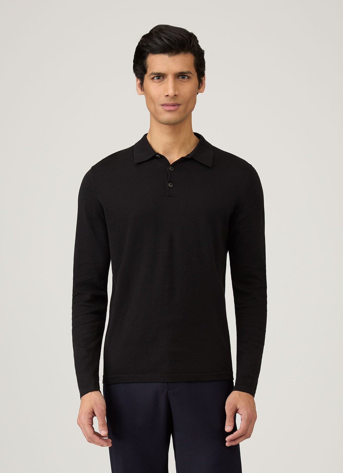 Mens Sea Island Cotton Knit Long Sleeve Polo In Black