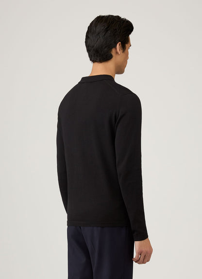 Mens Sea Island Cotton Knit Long Sleeve Polo In Black