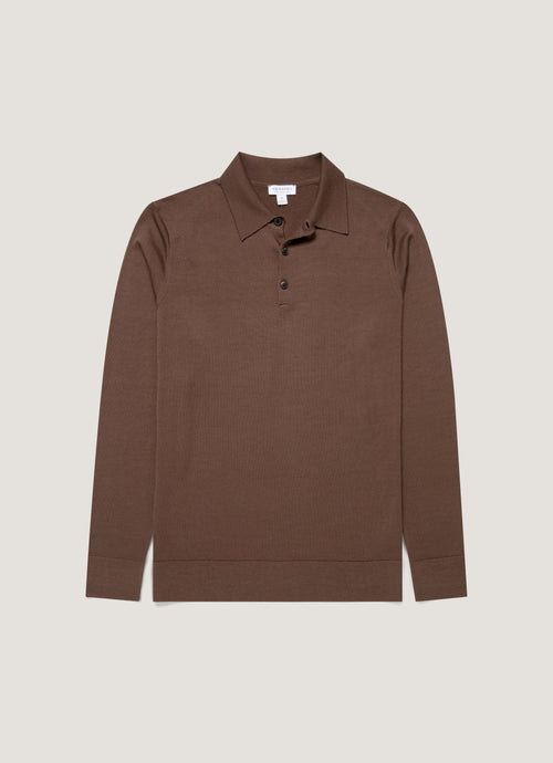 Men's Extra-Fine Merino Knitted Polo Shirt in Bark