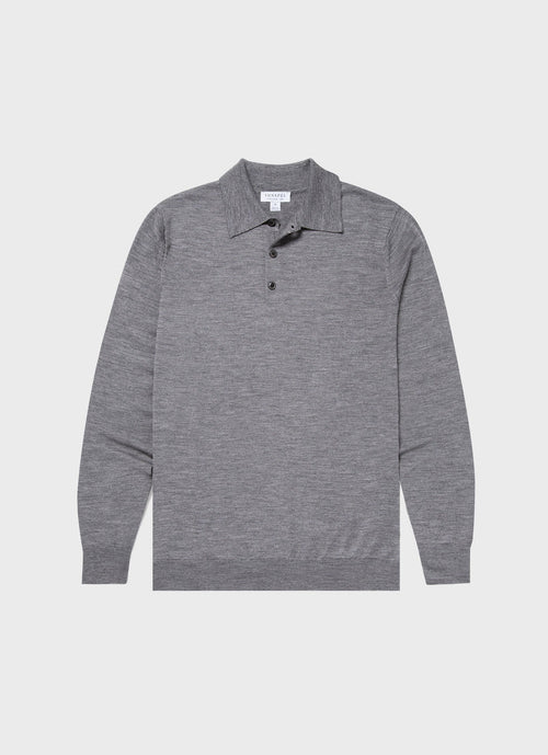 Mens Fine Merino Wool Polo Shirt In Mid Grey Melange