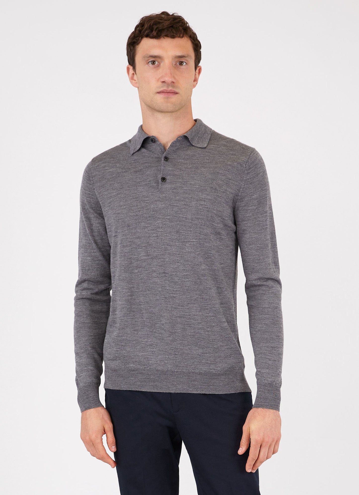 Mens Fine Merino Wool Polo Shirt In Mid Grey Melange