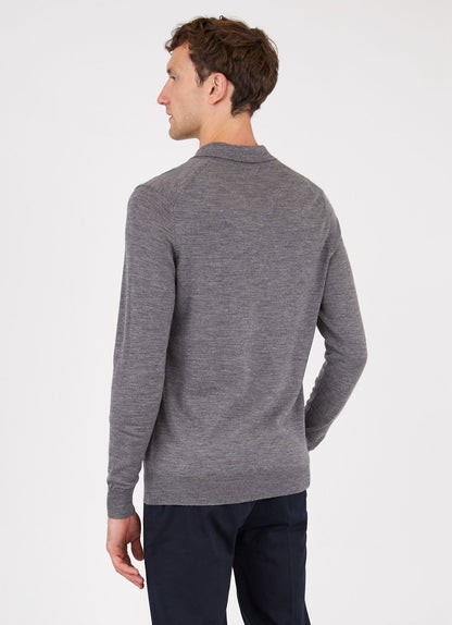 Mens Fine Merino Wool Polo Shirt In Mid Grey Melange