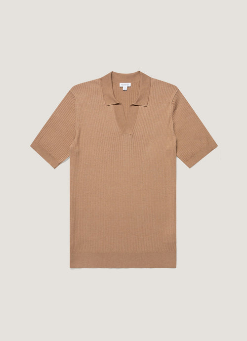 Mens Fine Rib Silk Cotton Polo Shirt In Dune Mpol8241 Brfz