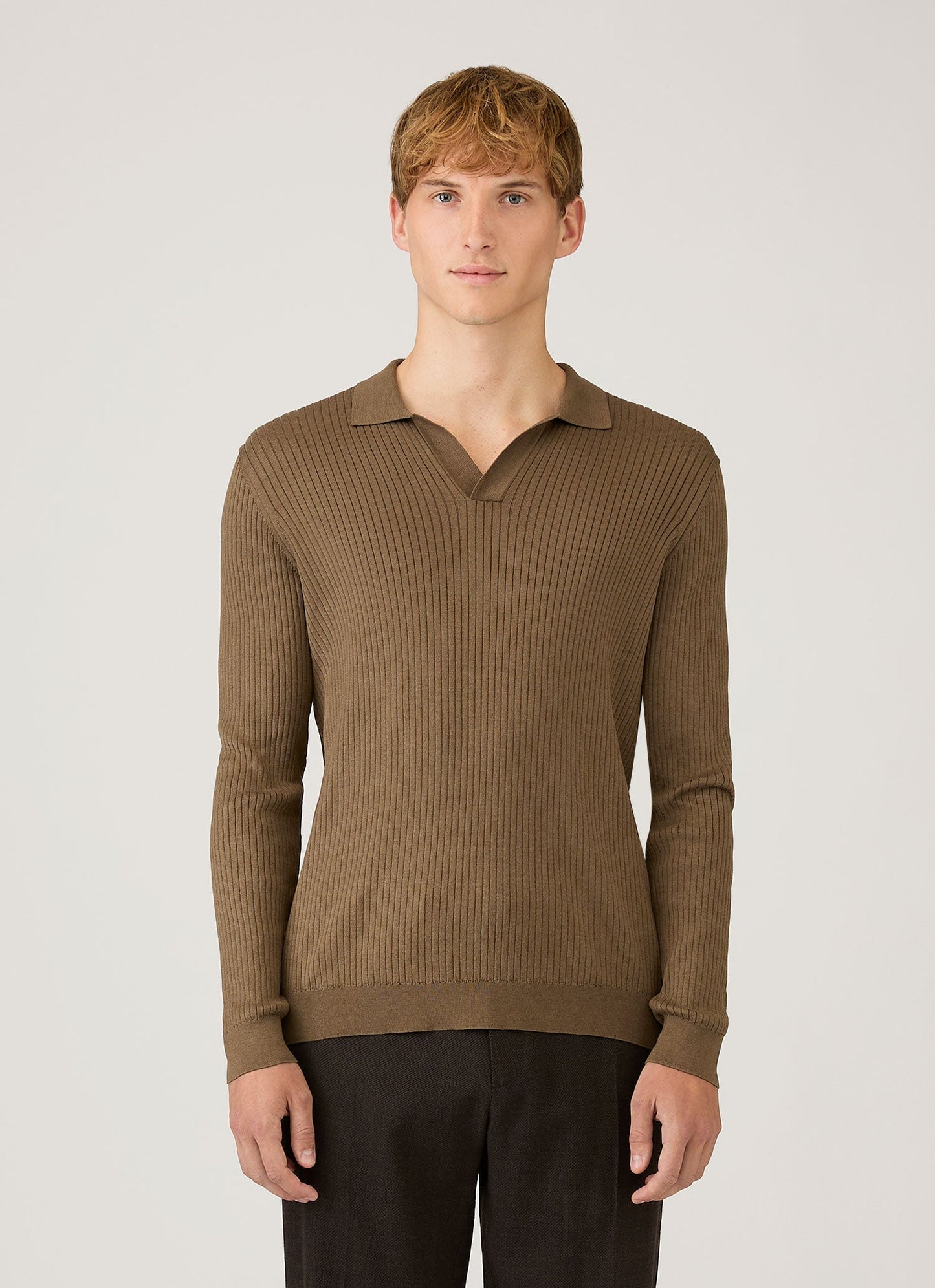 Mens Long Sleeve Fine Rib Silk Cotton Polo Shirt In Dark Cedar Mpol8298 Brgr