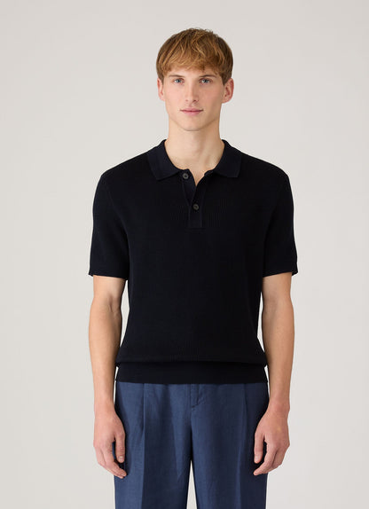Mens Two Colour Rib Polo Shirt In Navy Mpol8317 Buaa