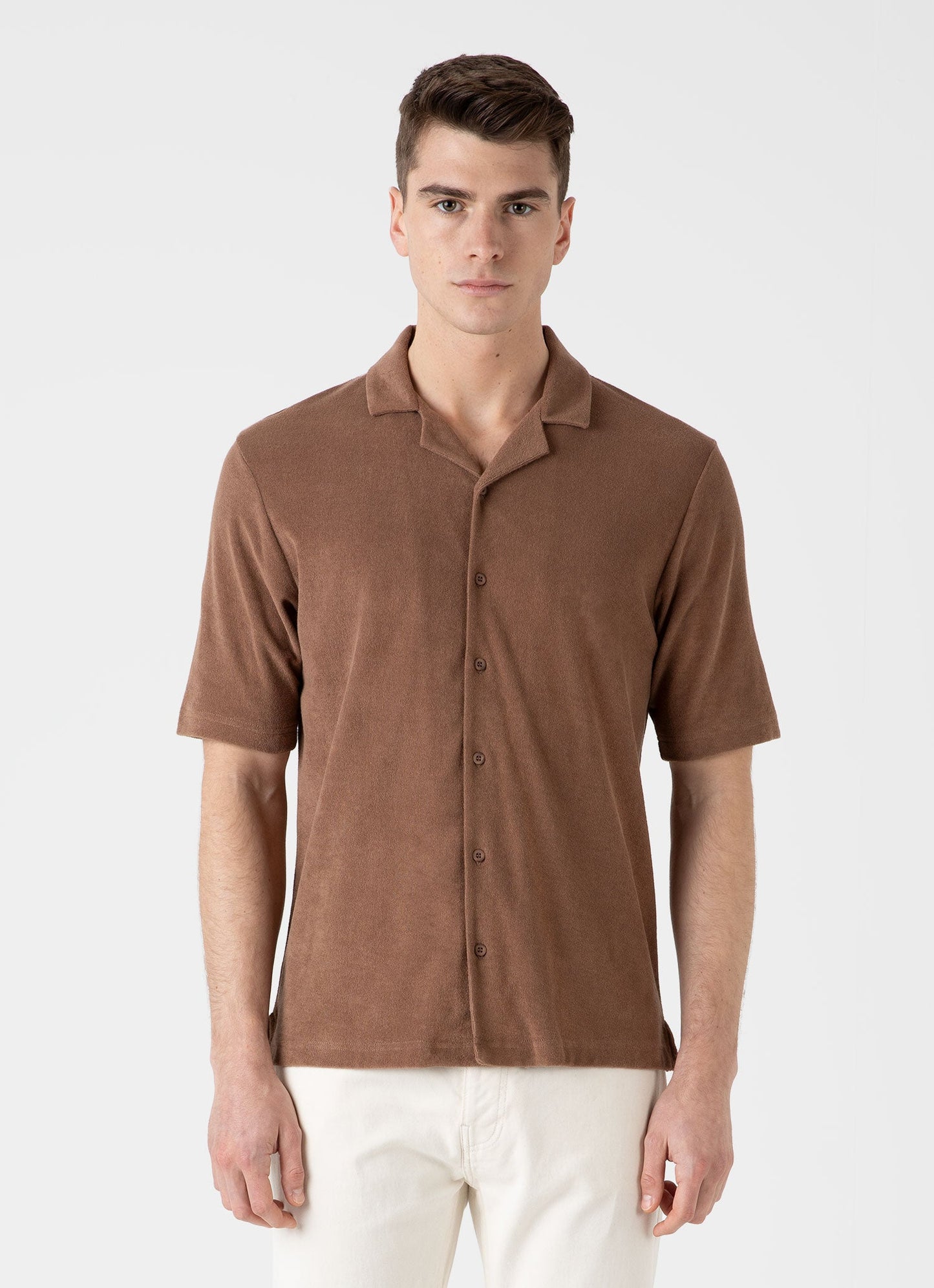 Mens Towelling Camp Collar Shirt In Dark Sand Msht1571 Brey
