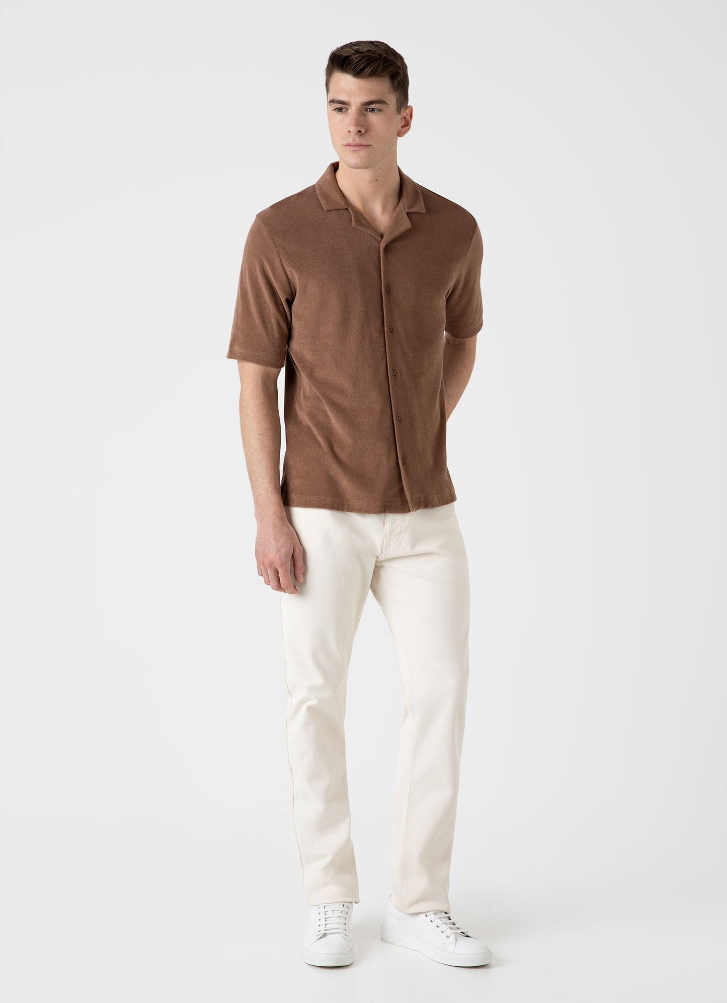 Mens Towelling Camp Collar Shirt In Dark Sand Msht1571 Brey