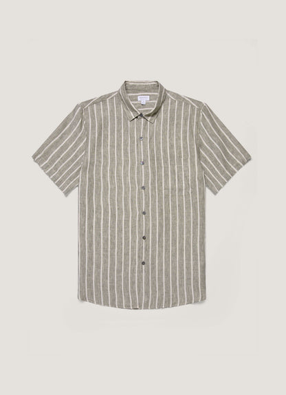 Mens Short Sleeve Linen Shirt In Dusk Green Ecru Msht2119 Stno