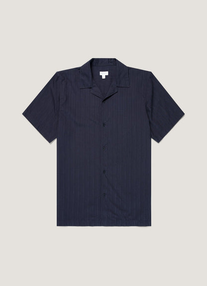 Mens Textured Stripe Camp Collar Shirt In Navy Msht2151 Buaa