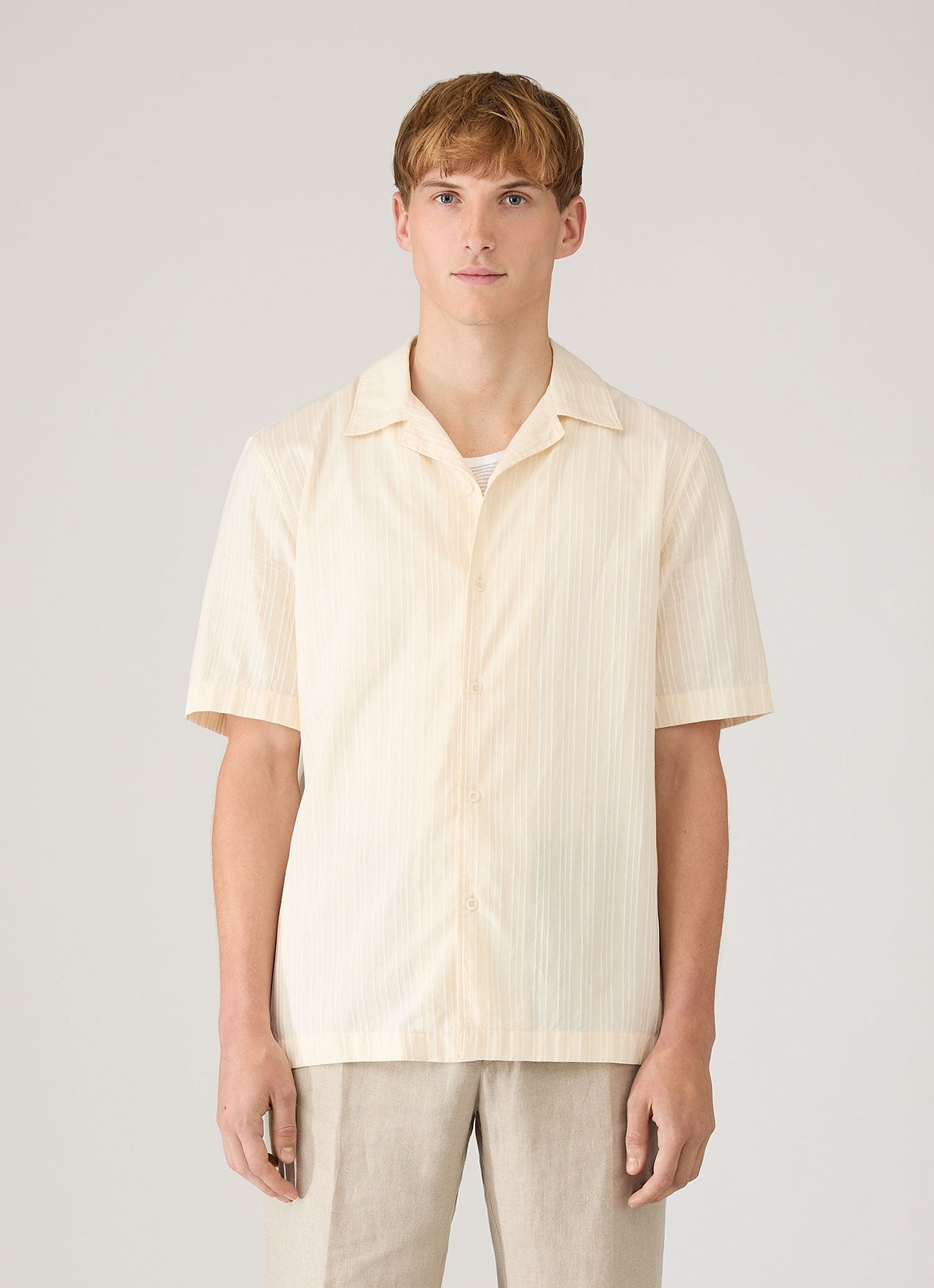 Mens Textured Stripe Camp Collar Shirt In Ecru Msht2151 Whcr