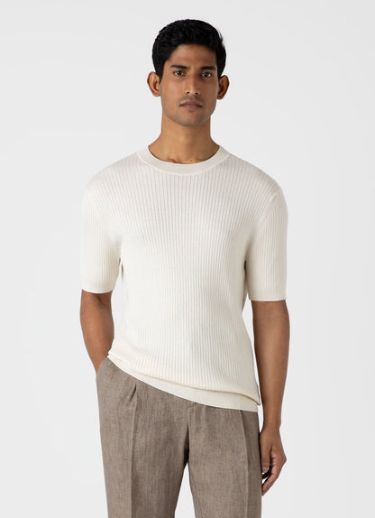 Mens Fine Rib Silk Cotton Tshirt In Ecru Mtsh8240 Whcr