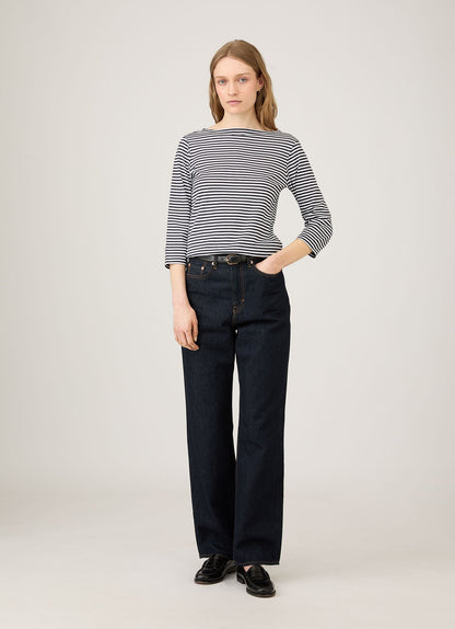 Womens Long Staple Cotton Boat Neck T Shirt In White Navy Stripe Wtsh0003Es